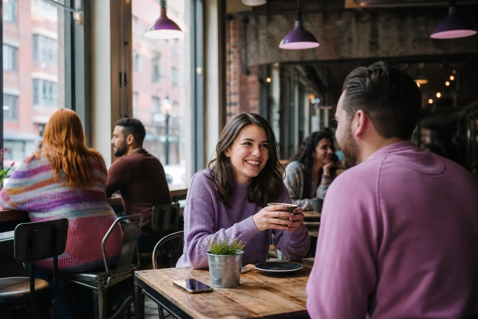 Woman choosing photos for her Manchester dating profile on a mobile phone