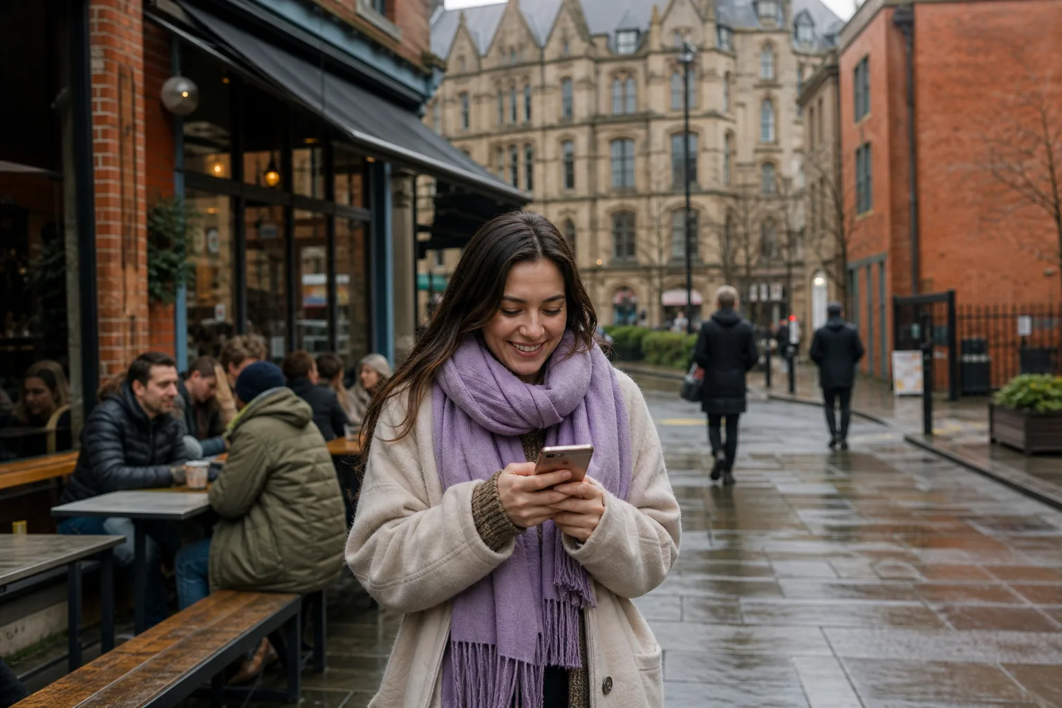 Two people meeting over coffee at a busy café in Manchester