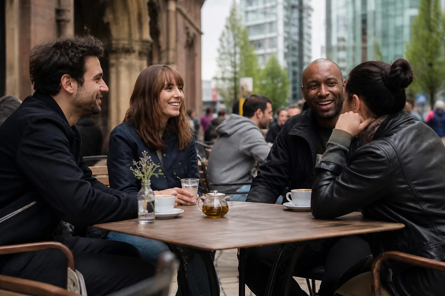 Two single people talking over coffee in Manchester city centre