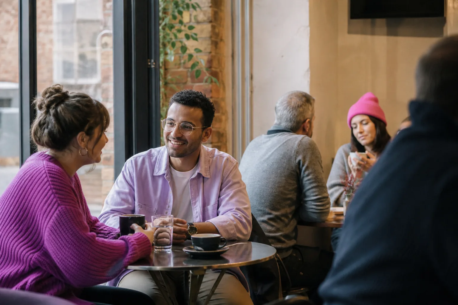 People talking over drinks at a relaxed Manchester social event