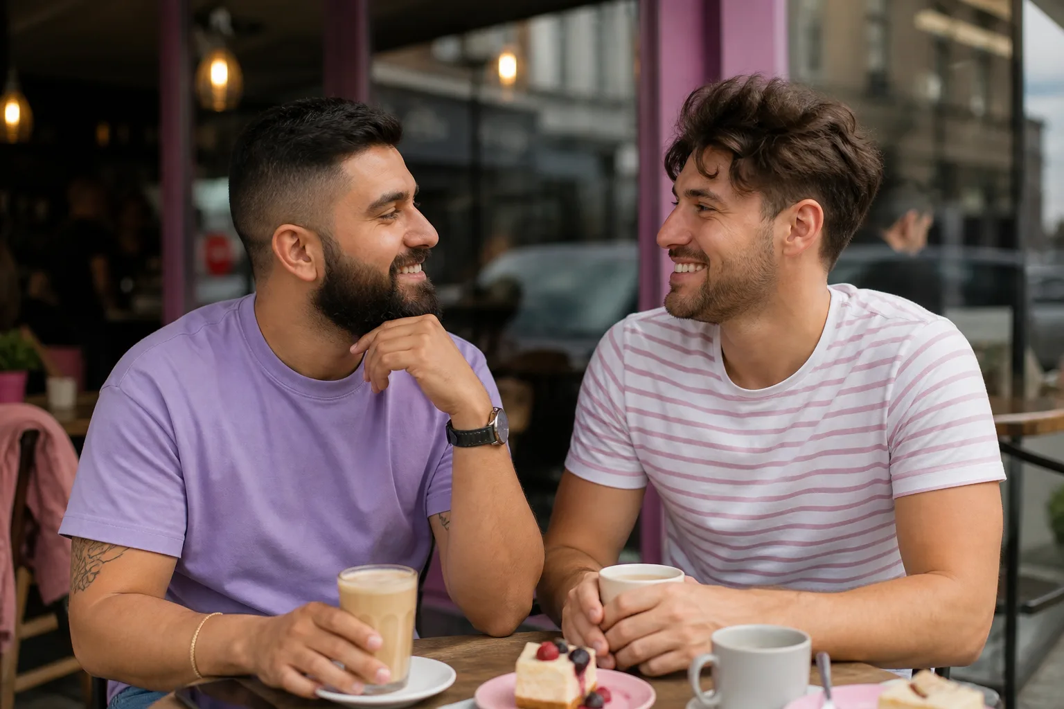 Two men talking over coffee near Longsight in Manchester