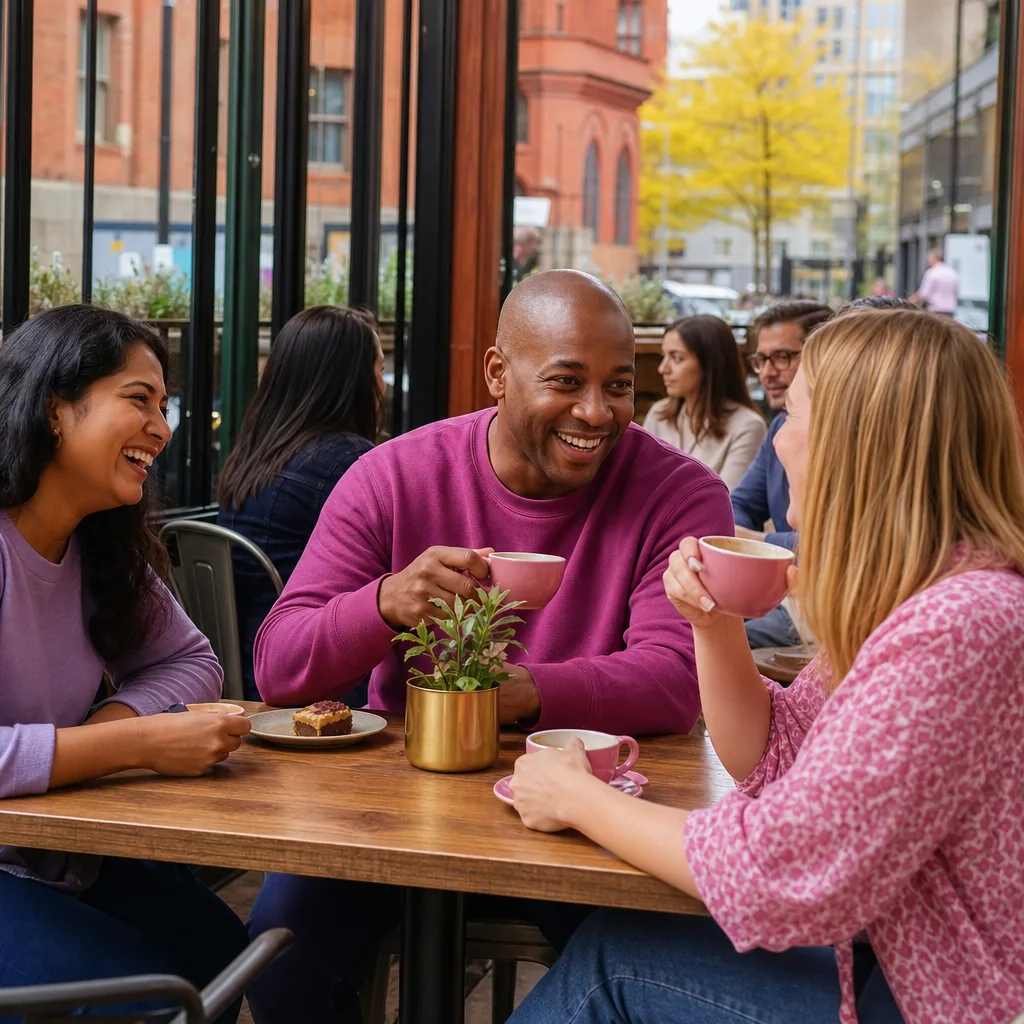 People meeting beside the canal at Castlefield in central Manchester