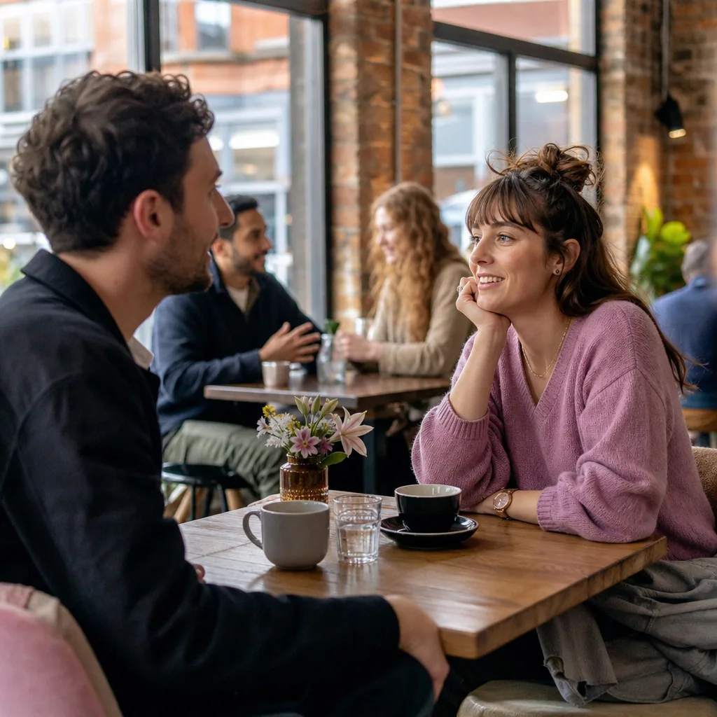 Two adults meeting at a relaxed café near a Greater Manchester tram stop