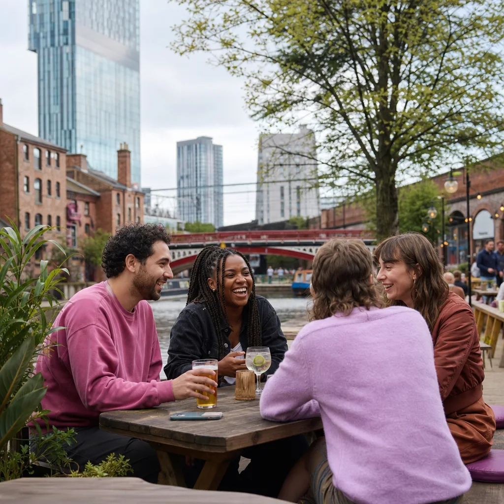 A couple having a casual first meeting at Mackie Mayor in Manchester