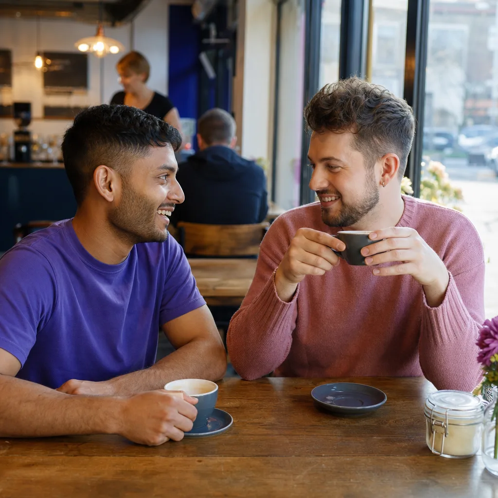 Two men meeting for coffee at a relaxed Manchester café