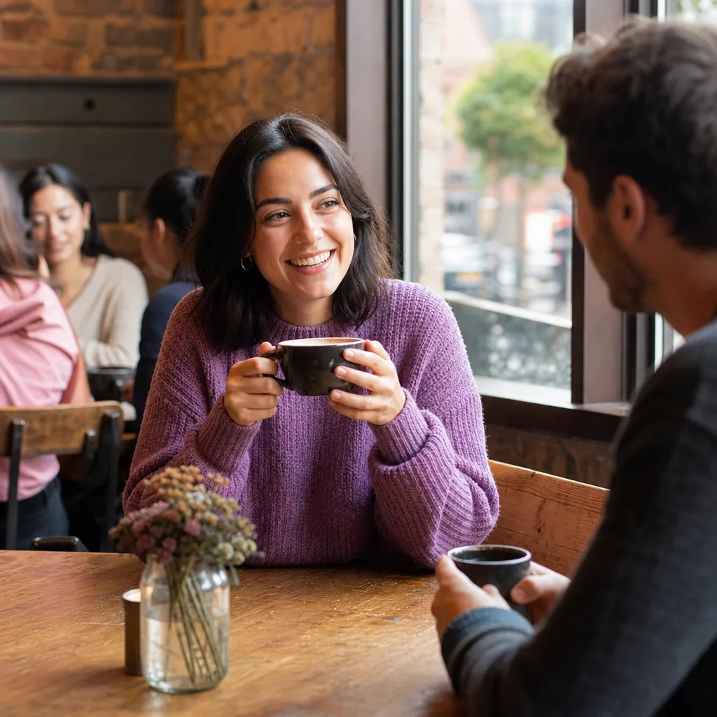 Two people talking over coffee in Manchester city centre