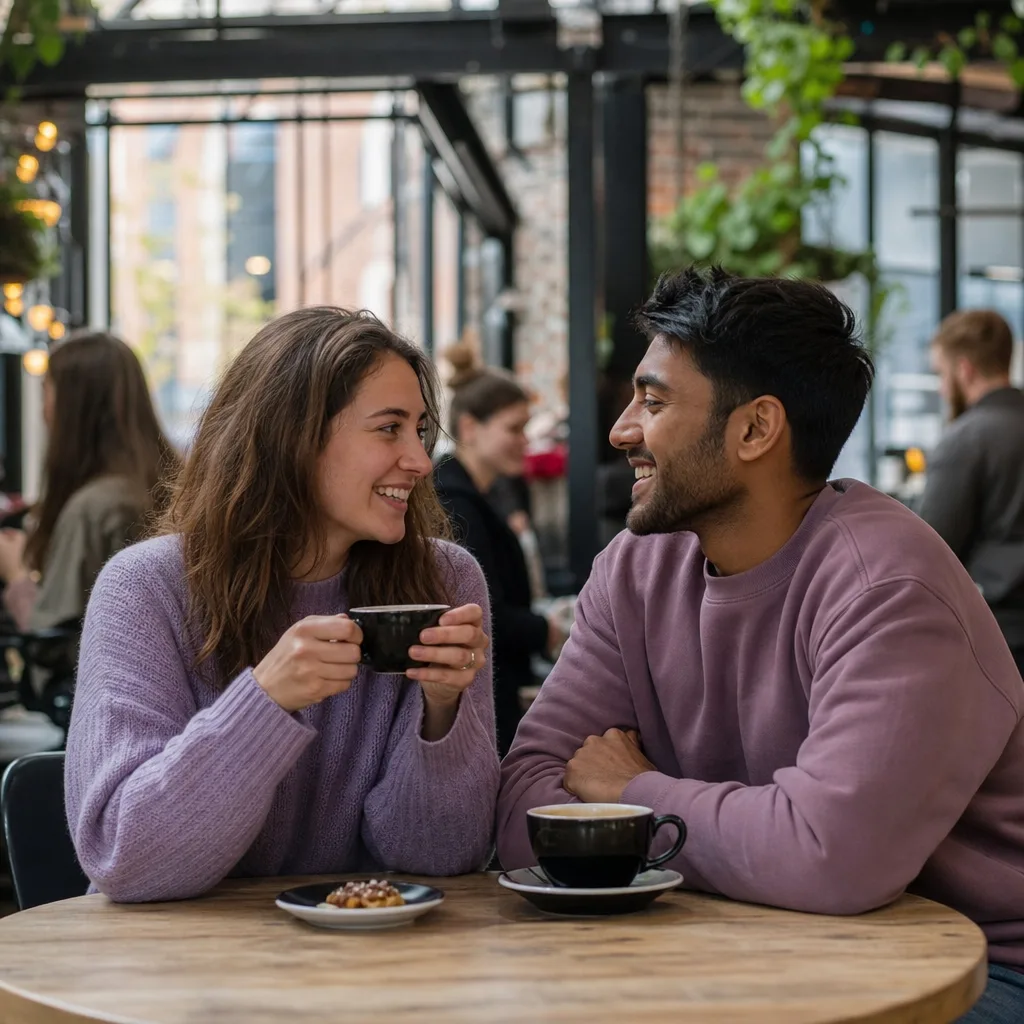Woman checking a dating profile on her phone while sitting in a Manchester coffee shop