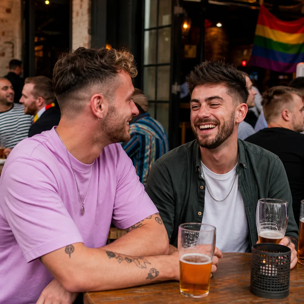 Two men talking at an outdoor table in Manchester